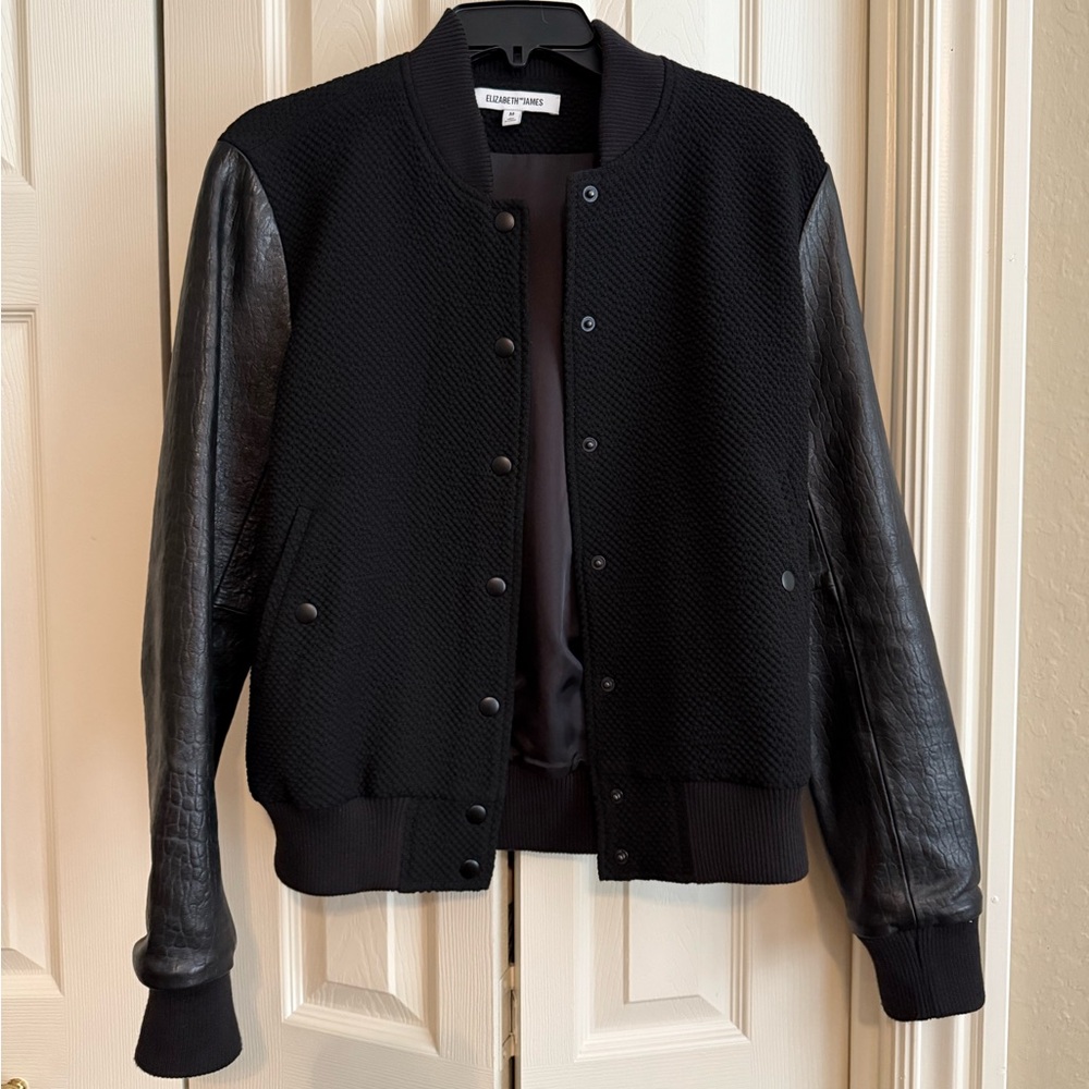 Elizabeth James black mixed media leather bomber jacket